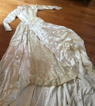 Vintage " Priscilla Of Boston " Skinner Rayon Satin Bridal Gown Lace,  Beads.