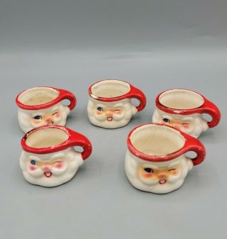 5 Vintage 1962 Holt Howard Winking Porcelain Santa Mini Cups Mugs Christmas