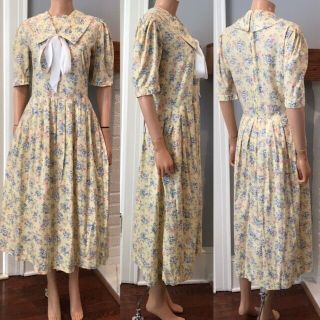 Vintage Laura Ashley Yellow Floral Print Drop Waist Pretty Cotton Dress Sz 14