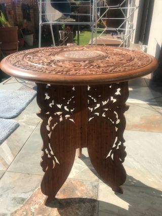 Vintage Carved Wood Table,  Folding Base India Ornate Floral 21” Tall 18”w