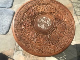 Vintage Carved Wood Table,  Folding Base India Ornate Floral 21” Tall 18”W 2