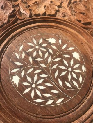 Vintage Carved Wood Table,  Folding Base India Ornate Floral 21” Tall 18”W 3