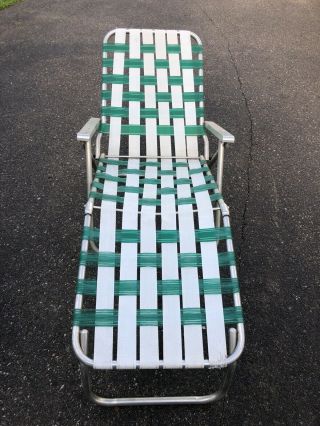 Vintage Webbed Aluminum Folding Chaise Lounge Lawn Chair Aluminum Arms