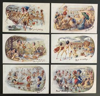 Vintage Tuck Matchstick Doll Postcards (6) " Hurrah For The Holidays " Series 8711