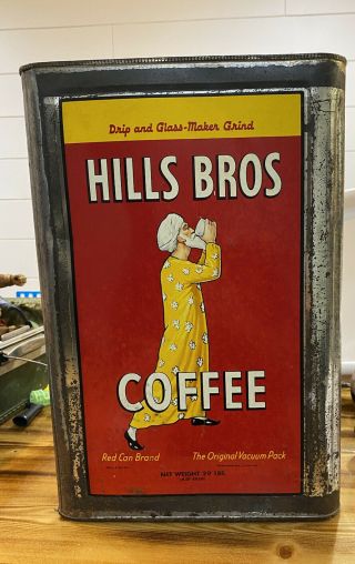 Large Hills Bros Coffee Tin Vintage 1947 Rare 20 Lb Can