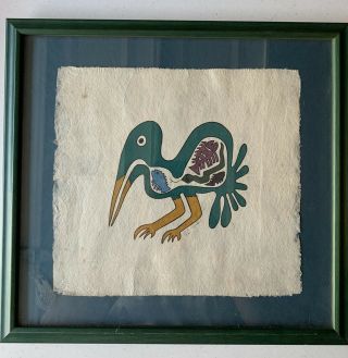 Vintage Framed Southwestern Folk Art On Cloth Bird Snakes Fish 103/400 Walei?