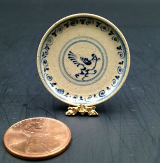 Jane Graber Miniature Stoneware Plate With Bird Design And Stand 1997