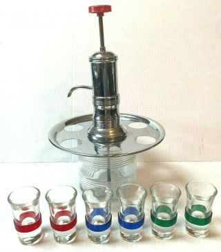 Vintage Liquor Dispenser Pump Decanter W/6 Shot Glasses In Chrome Tray