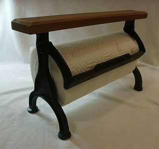 Vintage Style Counter - Top Paper Towel Holder - Black Cast Iron Frame,  Wooden Top