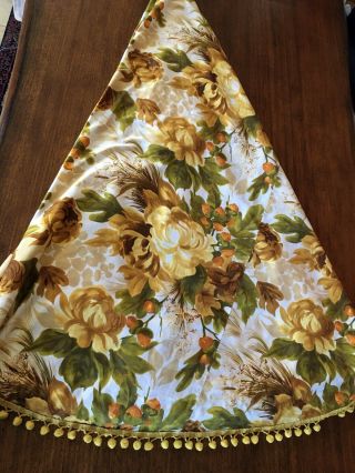 California Hand Prints Vtg 86 " Round Tablecloth Bold Floral Mcm Color Pom Trim