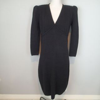 Vintage St John Long Sleeve V Neck Black Knit Dress Size 10/12