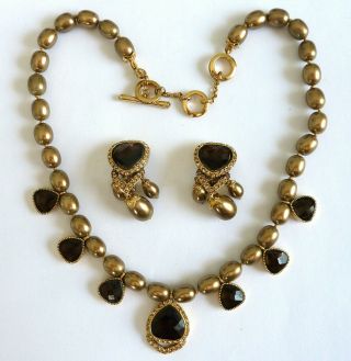 A Vintage 1980s Monet Gold Tone Necklace & Clip Earrings,  With Dark Brown Glass