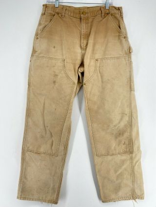 Vtg Usa Made Carhartt Double Knee Tan Canvas Destroyed Distressed Pants 34x32