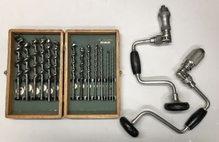 Vintage Irwin Auger Drill Bits Set And Two Braces (8 " And 10 " Swing)