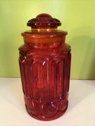 Vintage Red Amberina Le Smith Moon And Stars Glass Canister,  Large Size 11 1/2”