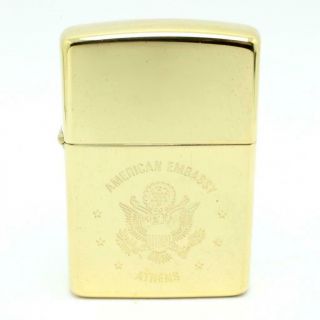 Vintage 1991 Zippo Lighter High Polish Gold Plate American Embassy Athens