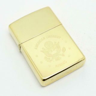 Vintage 1991 Zippo Lighter High Polish Gold Plate American Embassy Athens 2