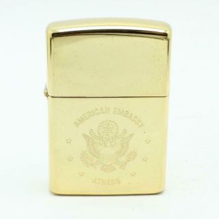 Vintage 1991 Zippo Lighter High Polish Gold Plate American Embassy Athens 3