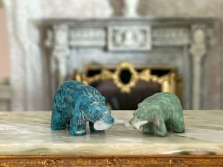 Vintage Miniature Dollhouse Artisan Signed Pair Carved Turquoise Bear Figurines