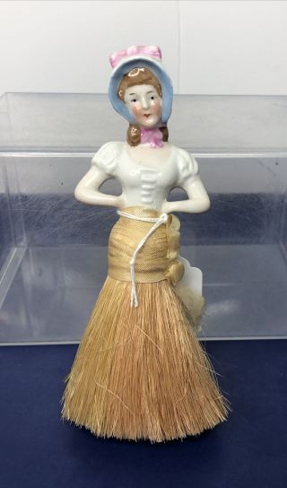 6” Antique German Bisque 3” 1/2 Half Doll Lady In Bonnet Shaving Broom Brush X