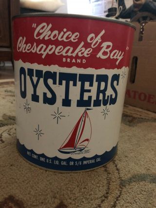 Vintage Choice Of Chesapeake Bay Brand Oysters 1 Gallon Red White Blue Tin
