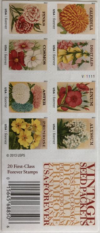 2013 Vintage Seed Packets Convertable Pane Of 20 Stamps | Sc 4763b | Mnh