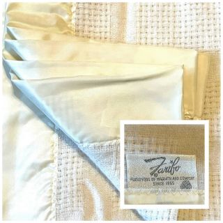 Euc Faribo Vintage Wool Blanket Cream Color Satin Edges L86x W76 Waffle Pattern