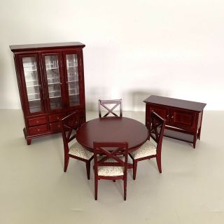 Vintage Dollhouse Mahogany Red Wood Dining Room Set Table Chairs Hutch Buffet