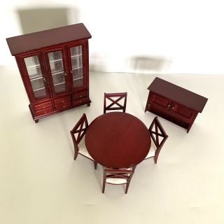 Vintage Dollhouse Mahogany Red Wood Dining Room Set Table Chairs Hutch Buffet 2
