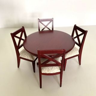 Vintage Dollhouse Mahogany Red Wood Dining Room Set Table Chairs Hutch Buffet 3