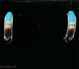 Vintage Zuni Multi Stone Inlay Sterling Silver Hoop Earrings Randy Mahooty 2