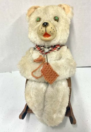 Vintage 1950’s Bear Knitting Rocker Antique Battery - Operated Tin Toy Japan Teddy