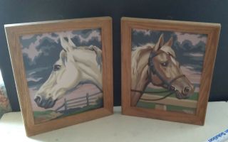 Set Of 2 Vintage Paint By Numbers Art Framed Horse Head Paintings