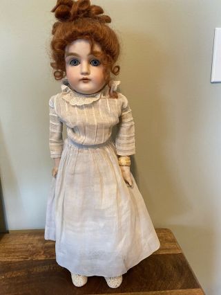Antique German Doll 17 " Tall Leather Body Bisque Head Forearms & Hands Marked