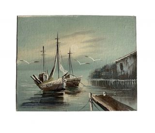 Vintage Oil Painting On Board Landscape Asian Boats Water Bay Sea