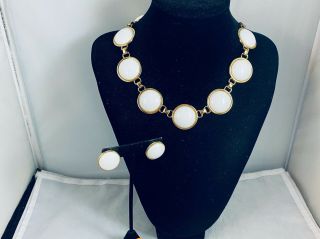 Vtg.  Monet Demi White Lucite & Gold Tone Chunky Necklace & Pierced Earrings