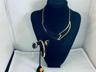 Vtg.  Monet Demi Black Enamel & Gold Tone Chunky Necklace,  Bracelet & Earrings