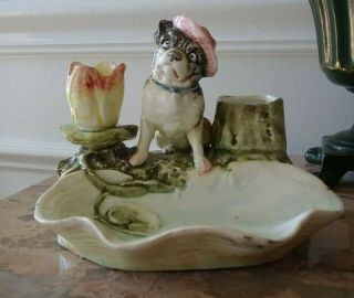 Vintage Majolica Match Holder And Striker Ash Tray Whimsical Dog On Lily Pad