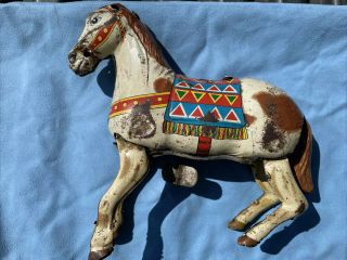 Vintage Wind Up Litho Haji Trademark Jumping Horse Tin Toy,  Japan