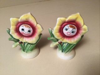 Py Japan Anthropomorphic Yellow Flower Face Salt And & Pepper Shakers Vintage