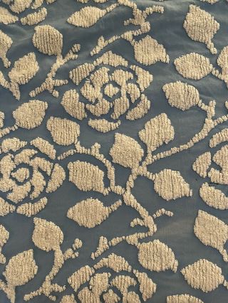 Vintage Blue Chenille Bedspread White Roses King Size 95wx102l With Fringe