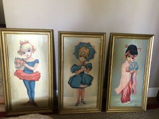 3 Vtg Completed Pbn Paint By Number Framed 10”x20” Paintings Of Adorable Girls