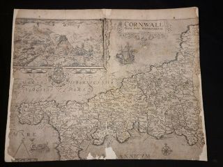 1637 Map Of Cornwall William Kip - William Camden Ship Sea Monster Backed Scarce