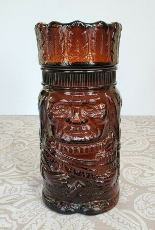 Vintage Native American Indian Chief Brown Amber Glass Tobacco Jar Canister