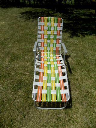 Vintage Yellow Orange White Nylon Ribbon Aluminum Lawn Folding Lounge Chair