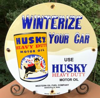 Vintage 1947 Dated Husky Gasoline Porcelain Gas Oil Sign Winterize Your Car