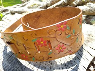 Vintage 1960s Hand Tooled Custom Leather Guitar Strap Floral Hippie Flower 60s