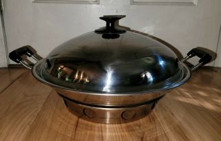Vtg.  Stainless Steel Copper Bottom Wok Cook Ring Stand Black Handles Mid Century