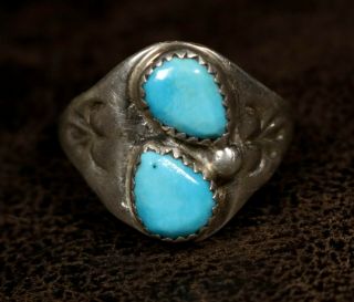 Old Pawn Vintage Navajo 2 Sleeping Beauty Turquoise Silver Ring Sz 12