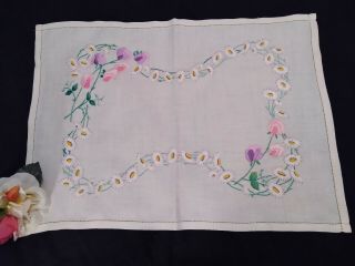 Vintage Hand Embroidered Tray Cloth Centre Piece Topper Sweet Pea & Daisies